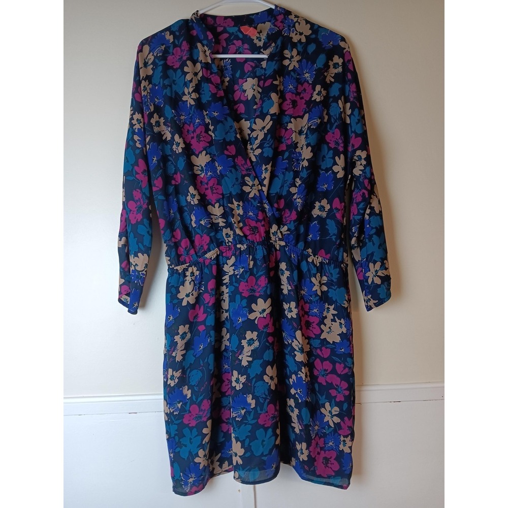 Eight Sixty Dress Womens Medium Blue Floral Fit & Flare Knee Length 3/4 Sleeve